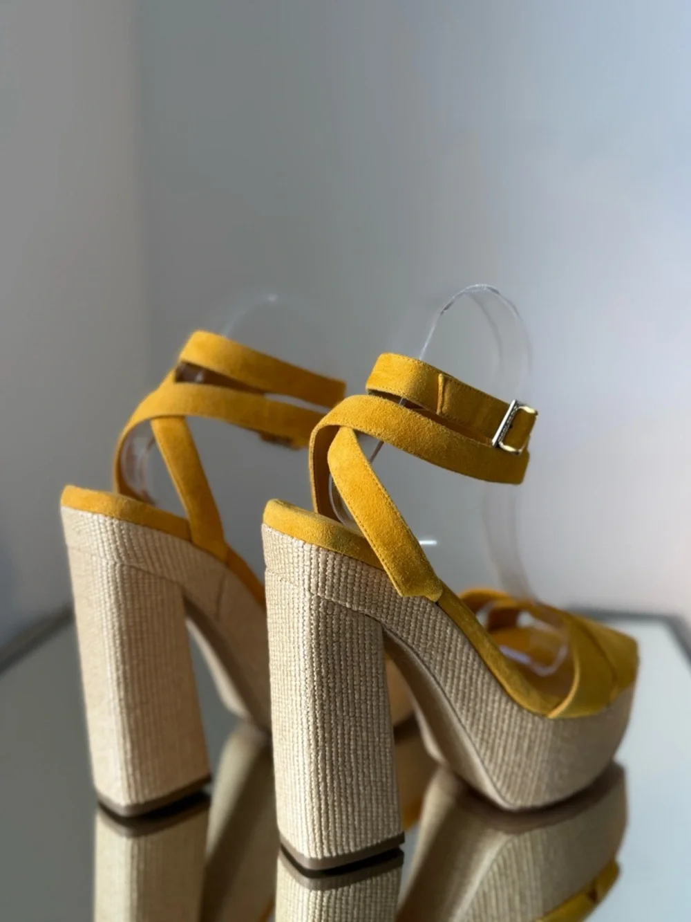 New JIMMY CHOO Gaia 140 Sunflower Suede and Natural Raffia Platform Sandals 39.5